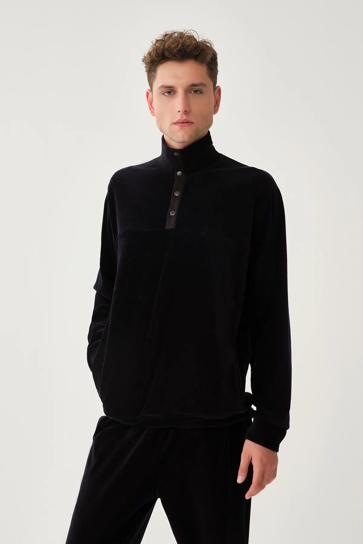 Lacivert Düğmeli Dik Yaka Ribanalı Sweatshirt