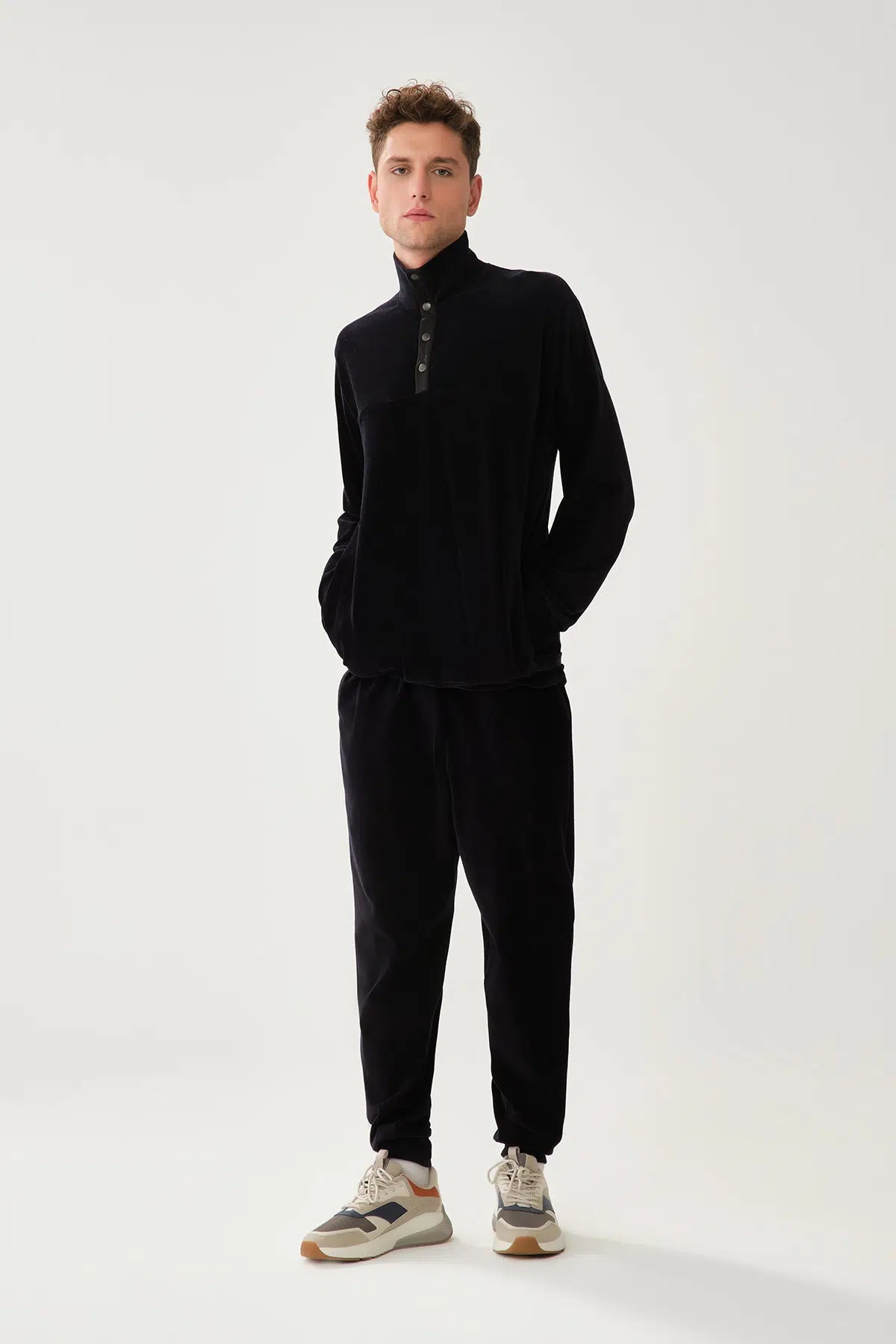 Lacivert Düğmeli Dik Yaka Ribanalı Sweatshirt