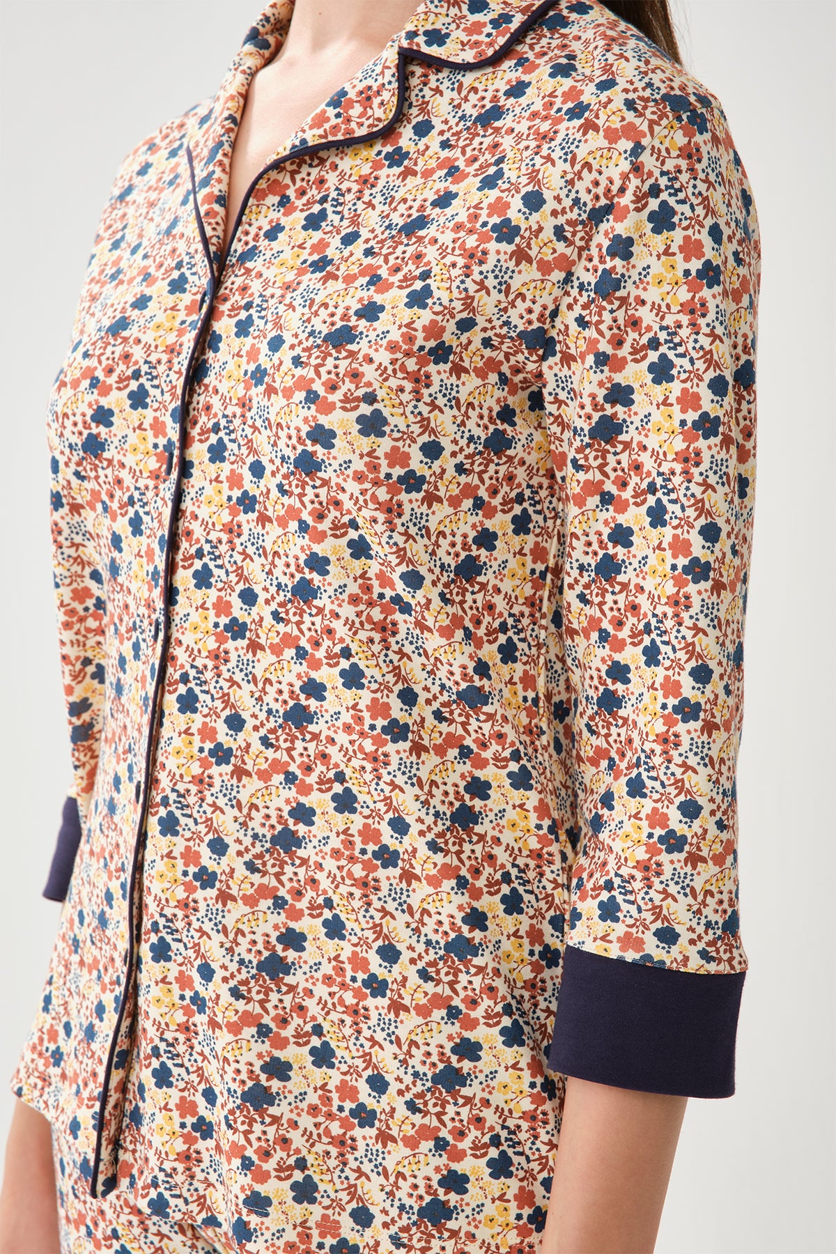 Lacivert Gömlek Yaka Pamuklu Pijama Üstü