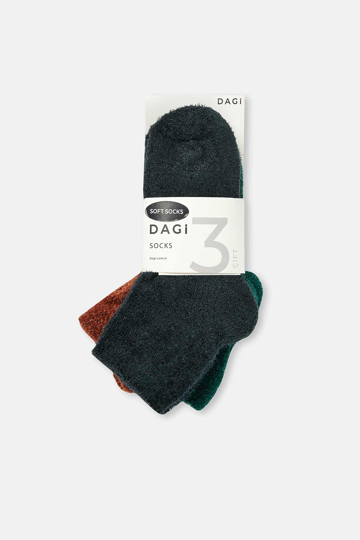 Yeşil - Kahve Kadın 3'lü Peluş Çorap