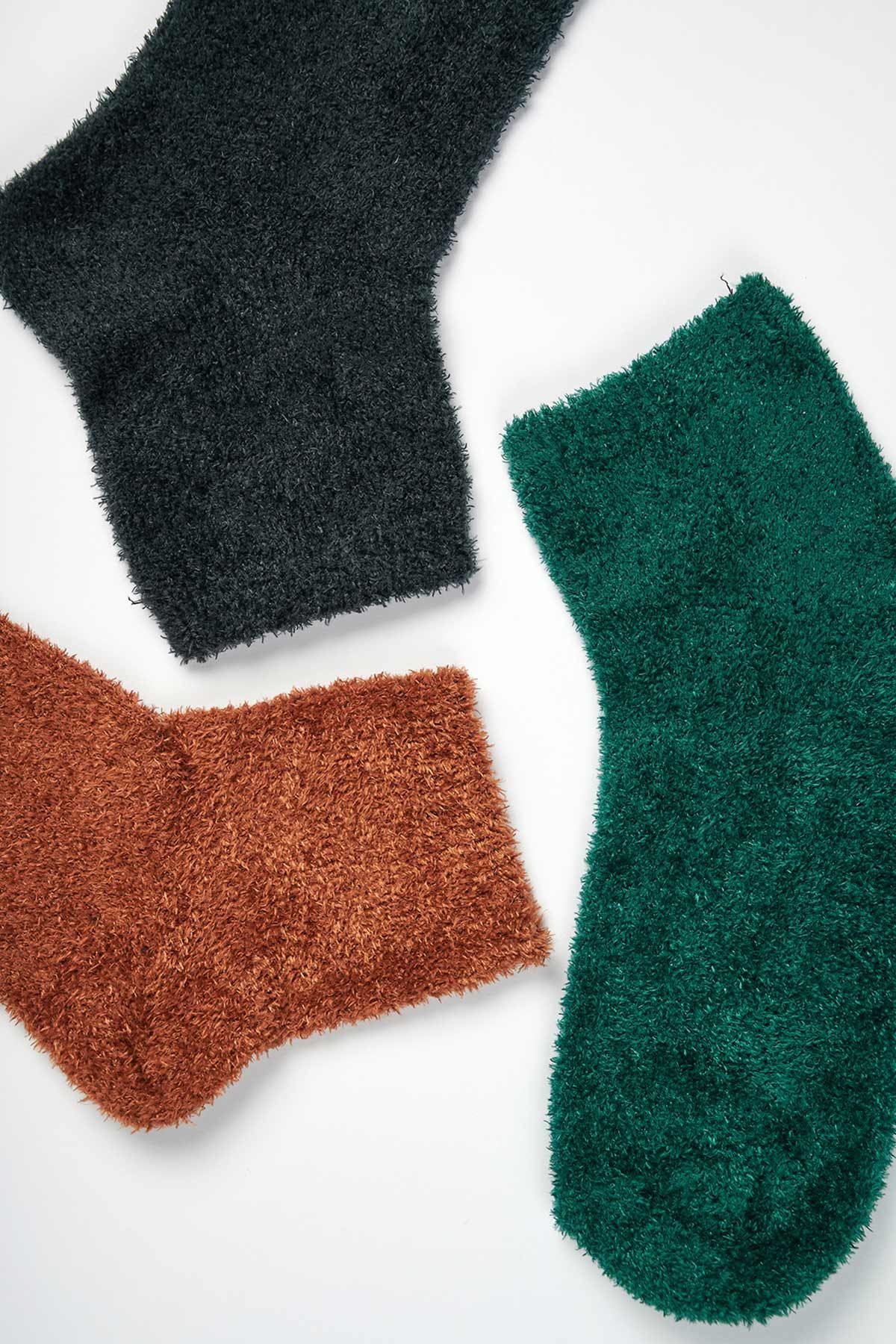 Yeşil - Kahve Kadın 3'lü Peluş Çorap