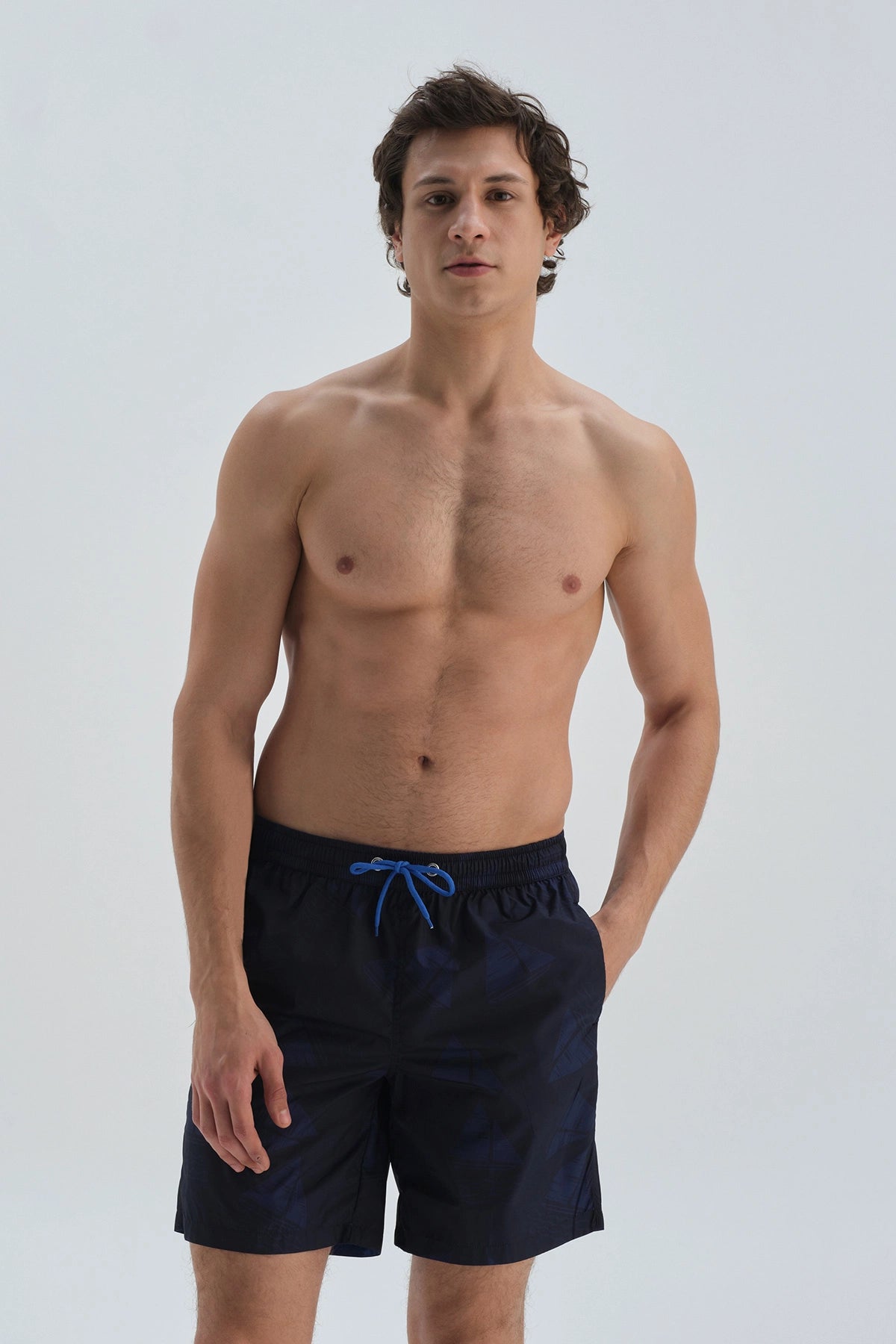 Lacivert Micro Orta Yelkenli Desenli Deniz Şortu