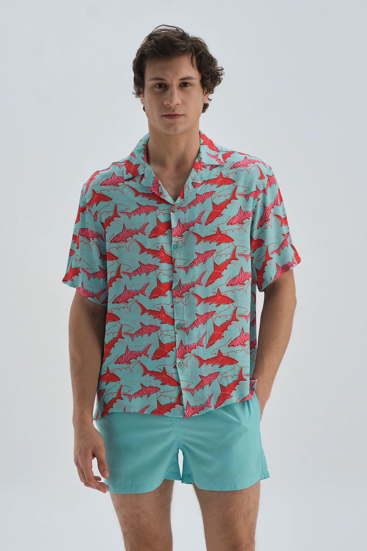 Yeşil Desenli Kısa Kol Gömlek