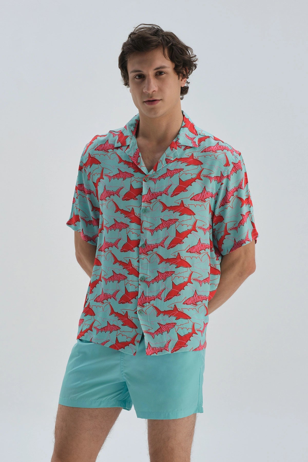 Yeşil Desenli Kısa Kol Gömlek