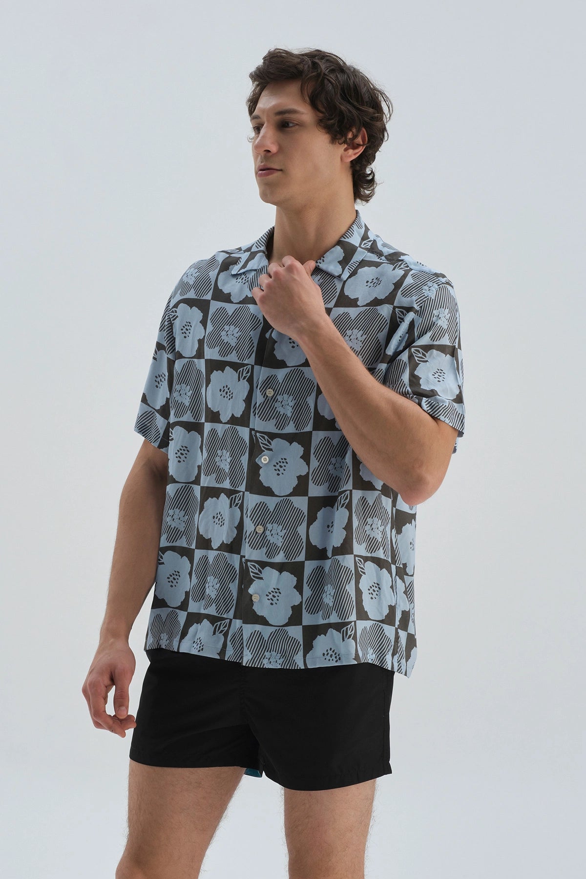 Antrasit-Mavi Desenli Kısa Kol Gömlek
