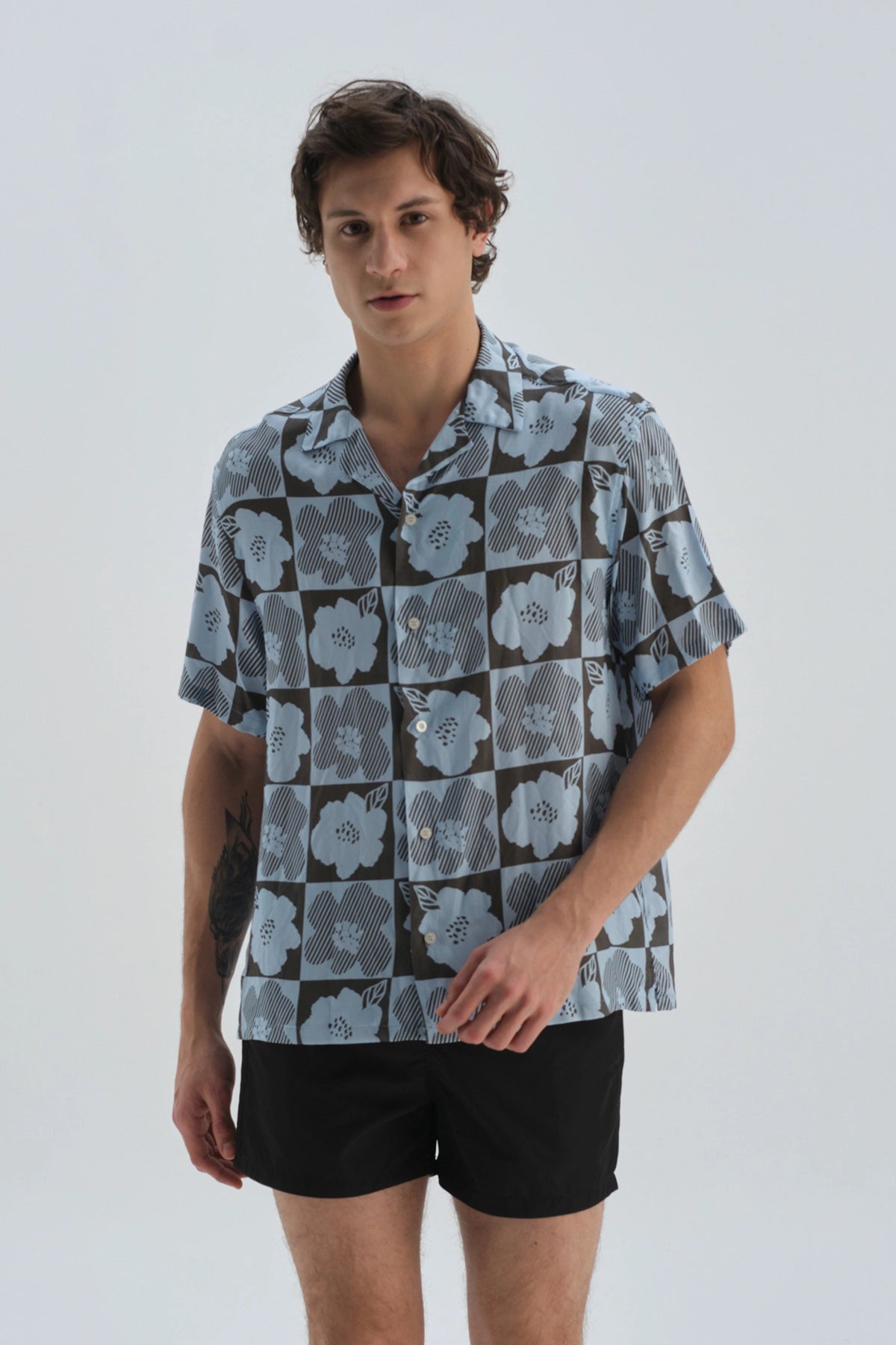 Antrasit-Mavi Desenli Kısa Kol Gömlek