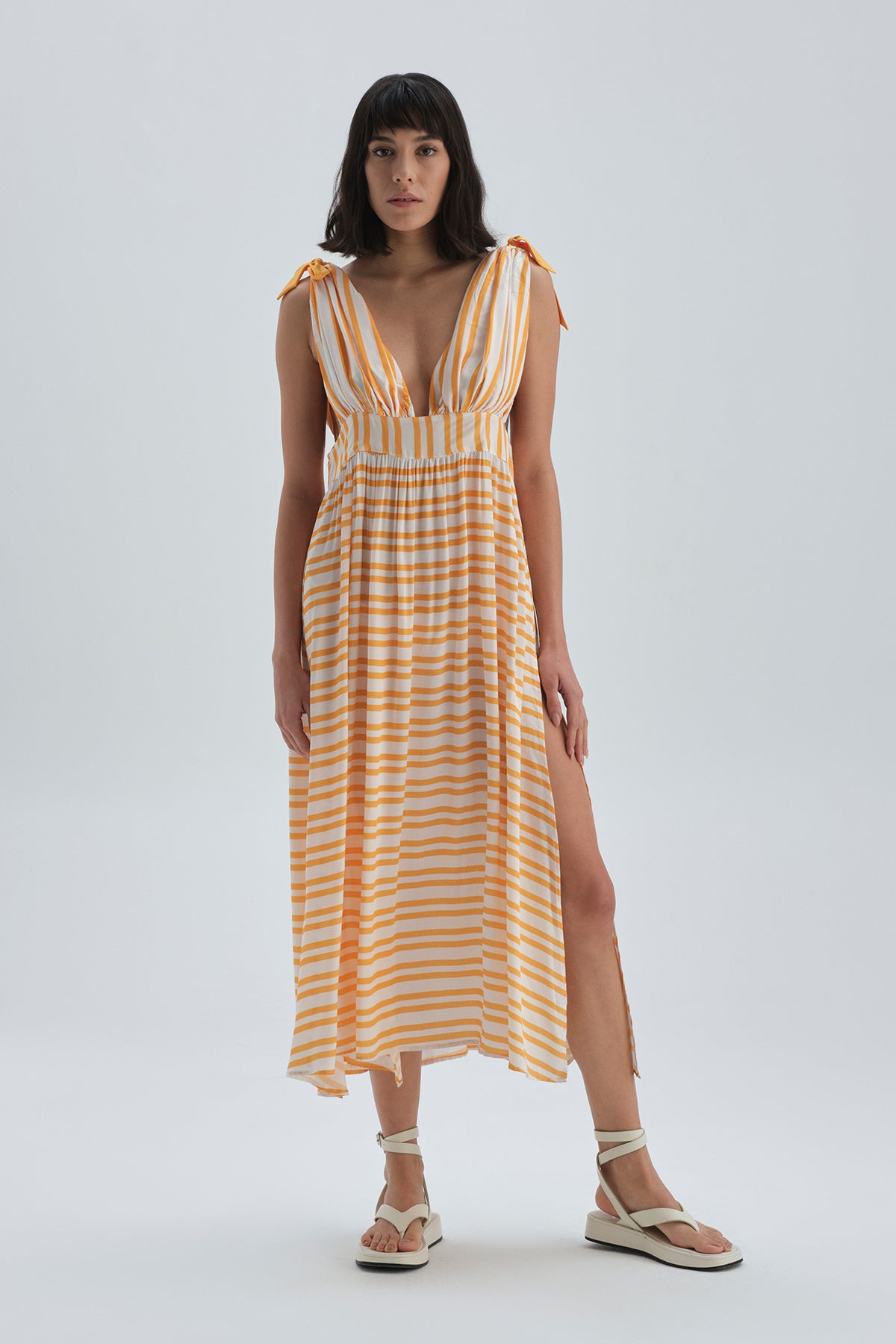 Sarı Çizgi Desenli Viskon Elbise Pareo