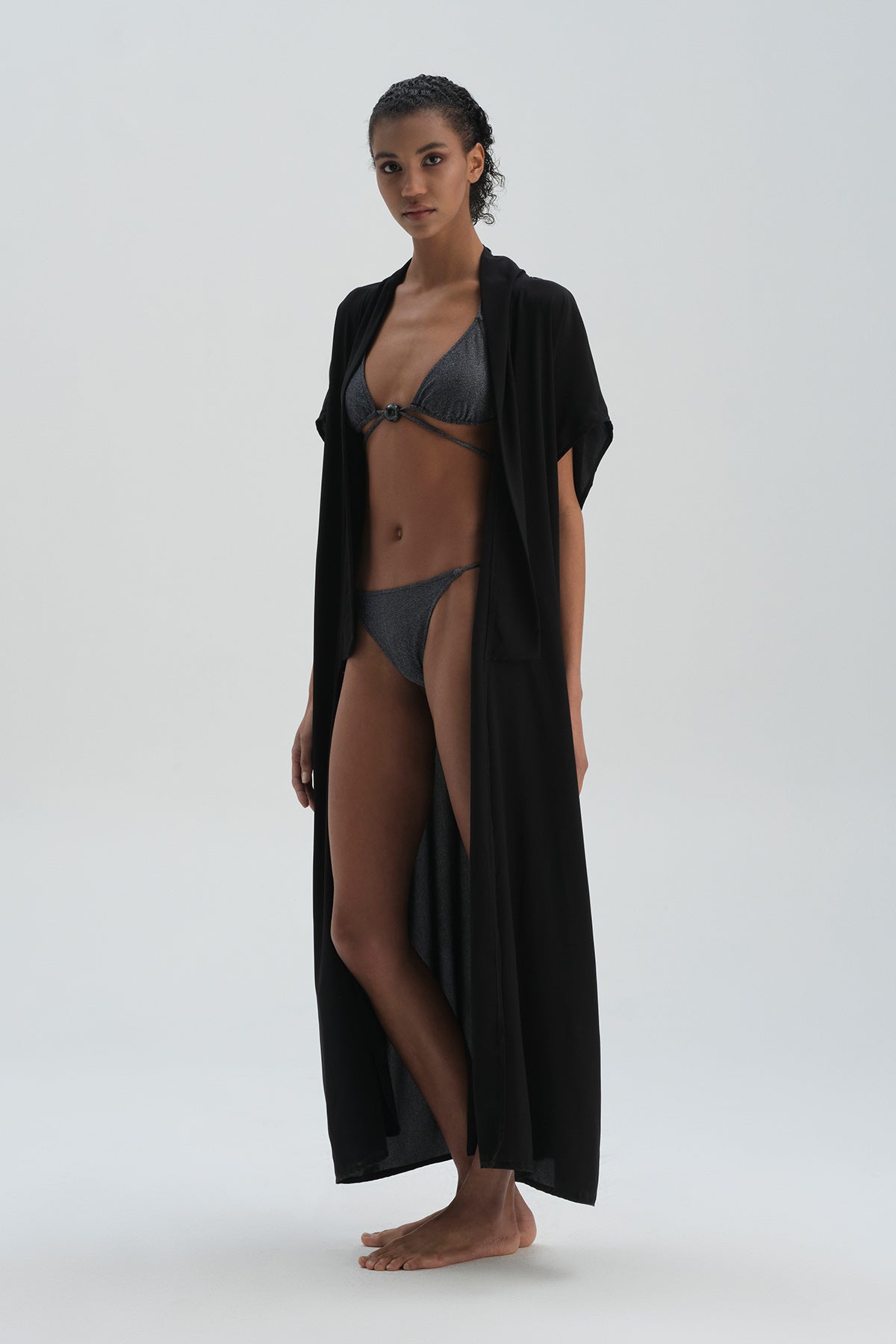 Siyah Önü Bağlamalı Uzun Kimono