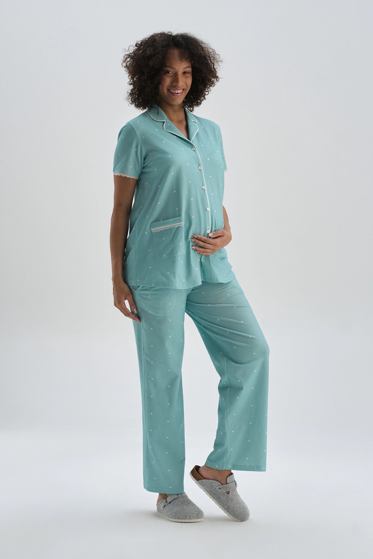 Mint Gömlek Yaka Pamuklu Hamile Pijama Üstü