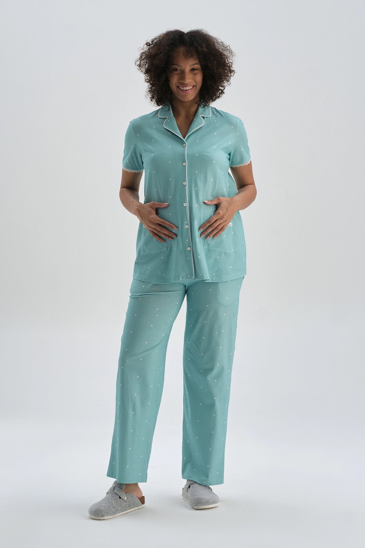 Mint Gömlek Yaka Pamuklu Hamile Pijama Üstü