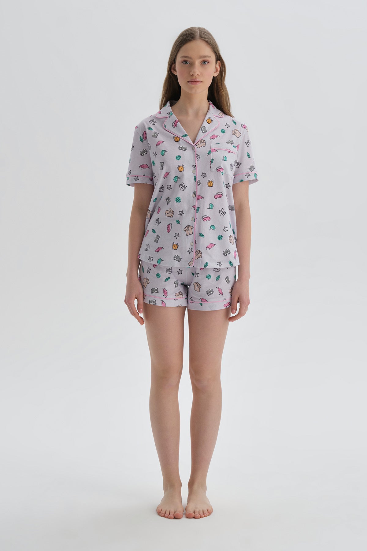 Pembe Ceket Yaka Pamuk Şortlu Pijama Takımı