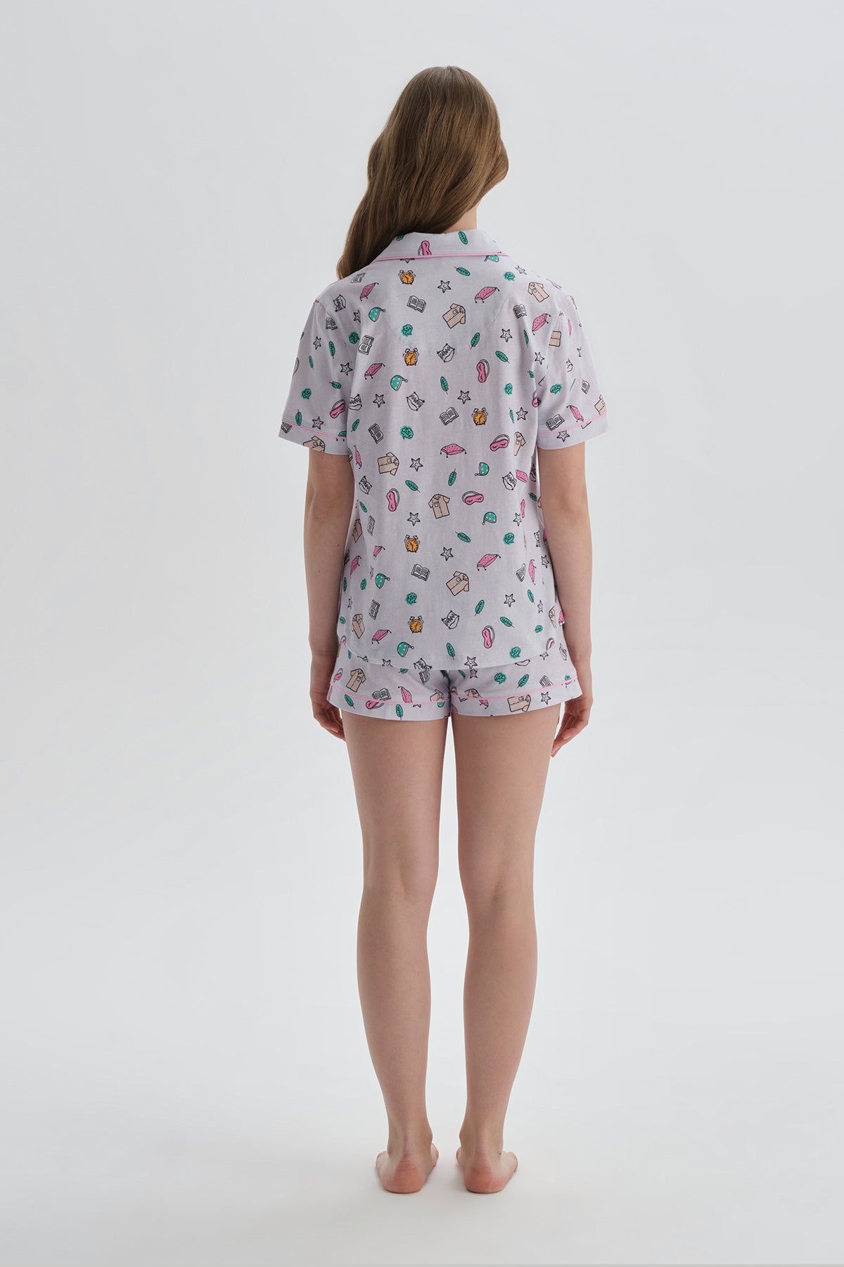 Pembe Ceket Yaka Pamuk Şortlu Pijama Takımı