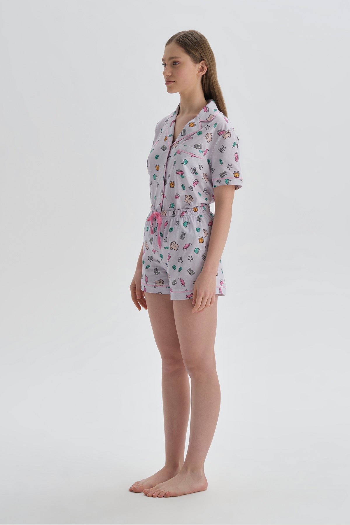 Pembe Ceket Yaka Pamuk Şortlu Pijama Takımı