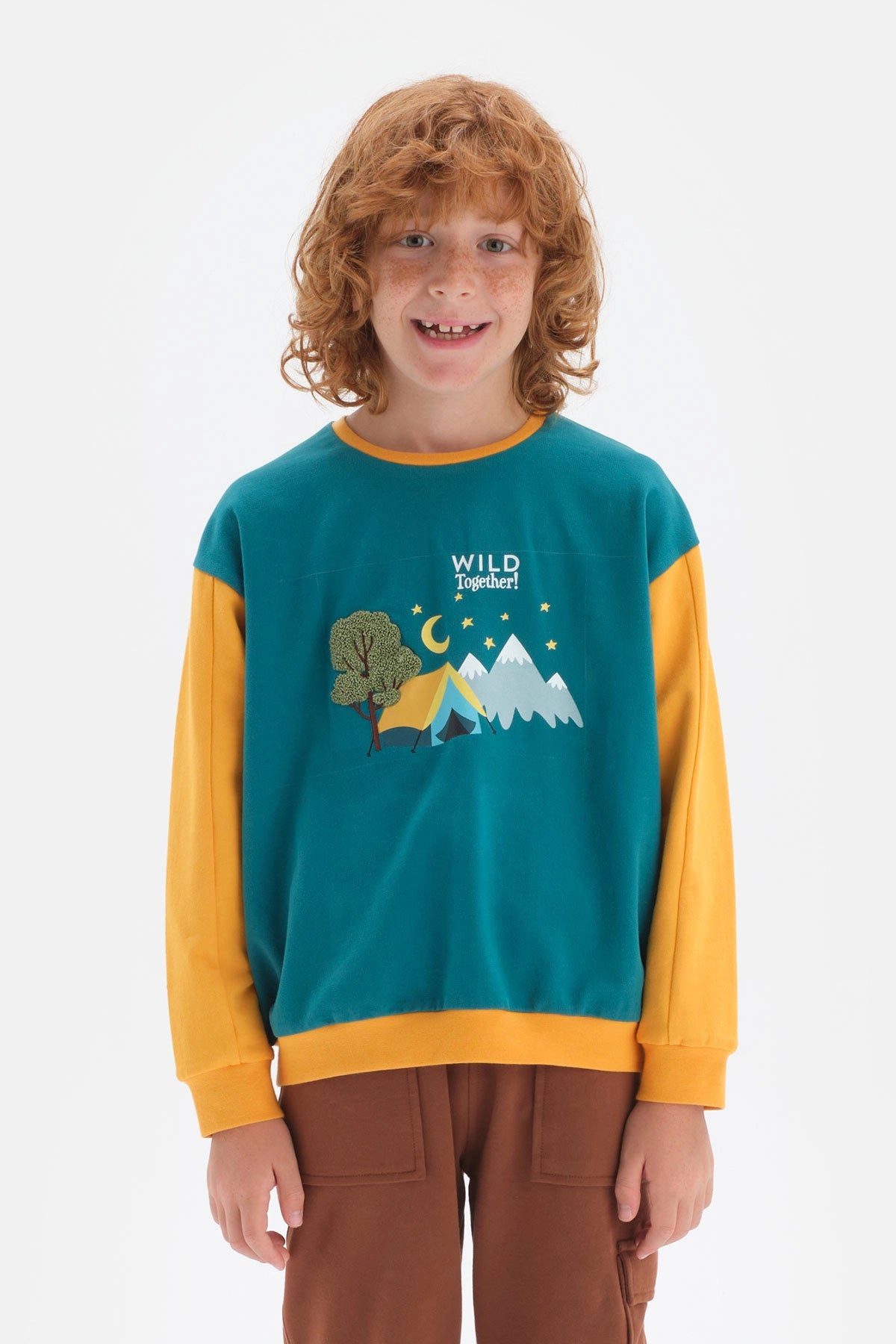 Yeşil Erkek Çocuk Uzun Kol Bisiklet Yaka Pamuklu T-Shirt