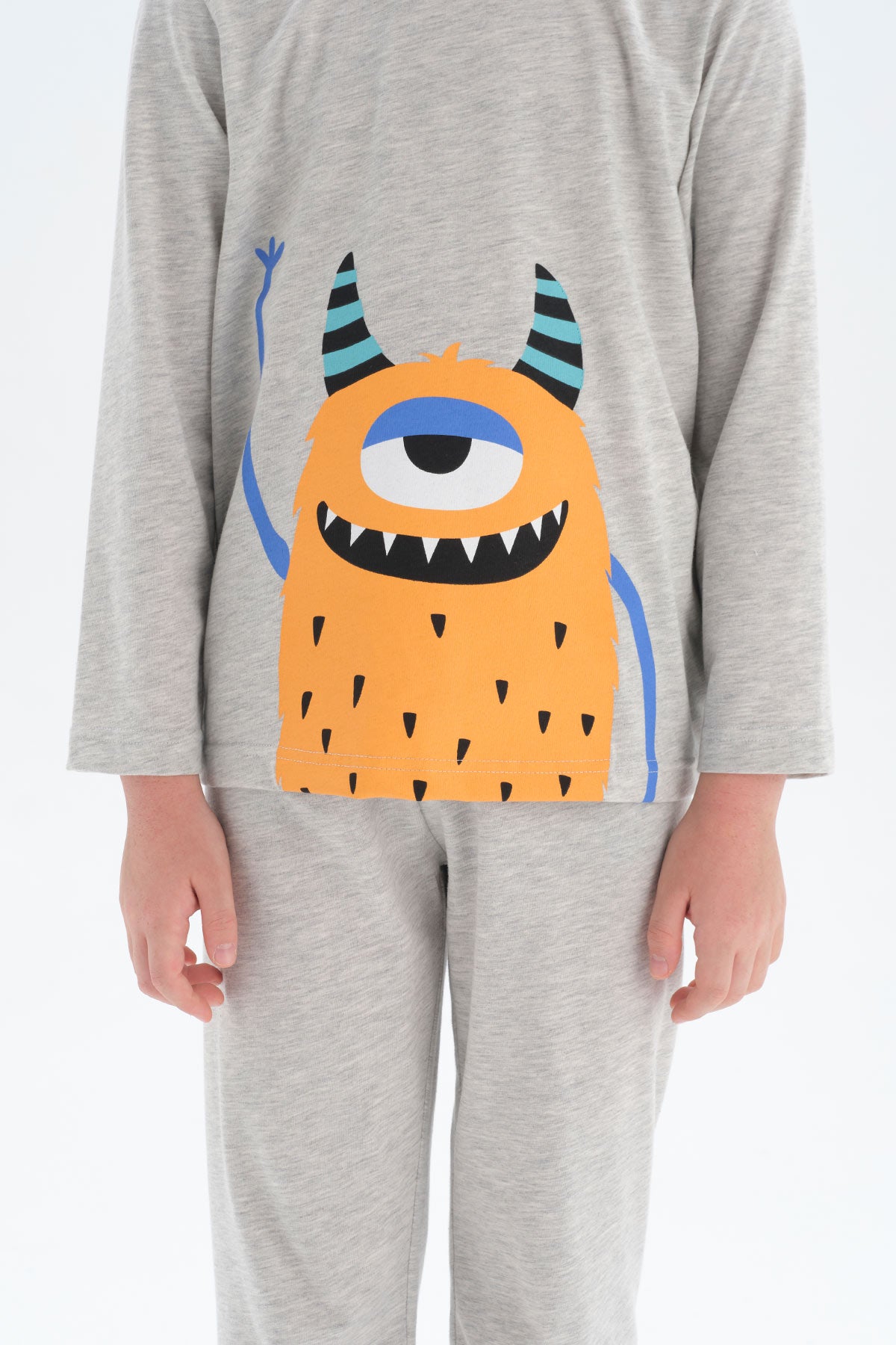 Gri Erkek Çocuk Bisiklet Yaka Uzun Kol Pijama Takımı