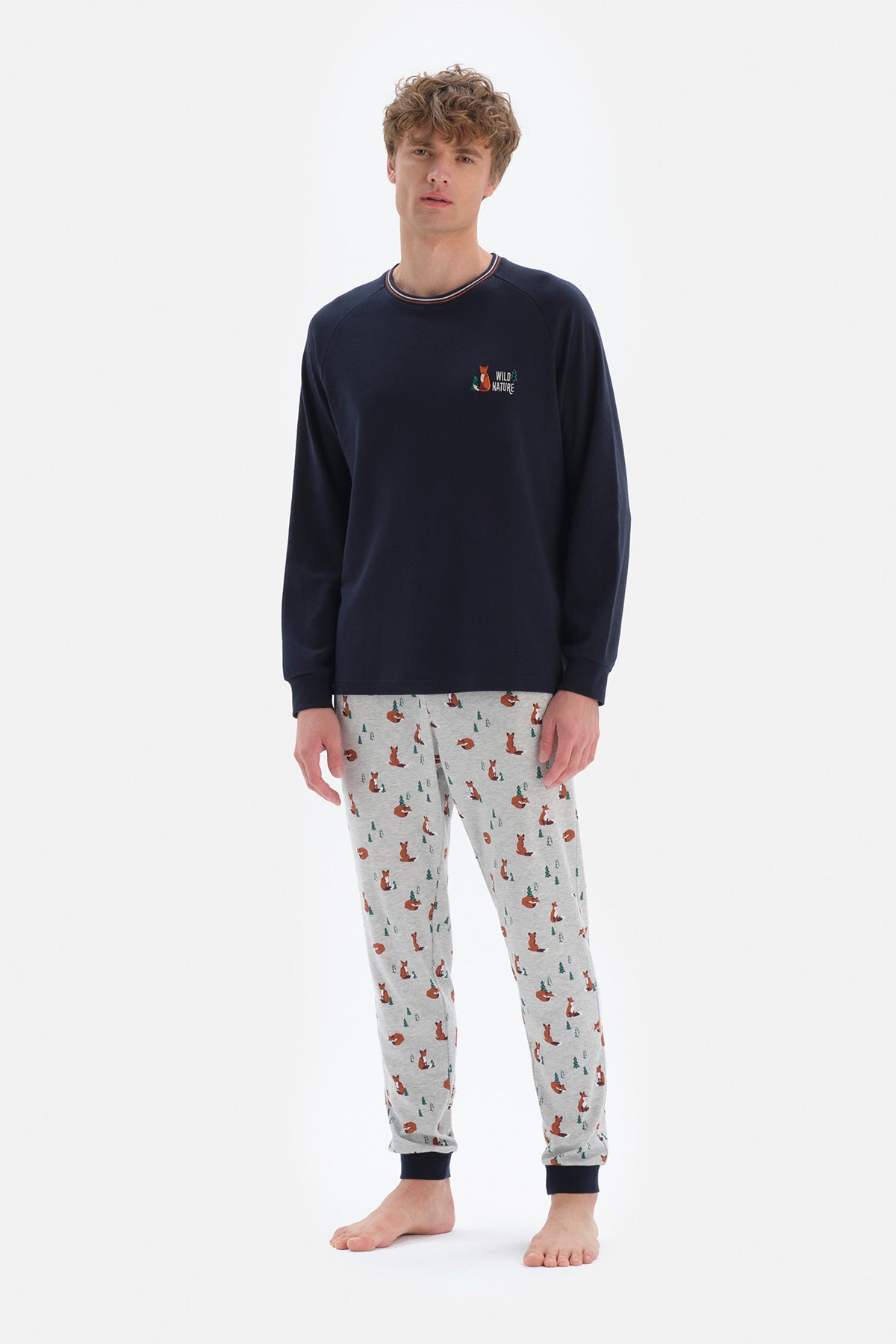 Lacivert Reglan Kol Bisiklet Yaka Pijama Takımı