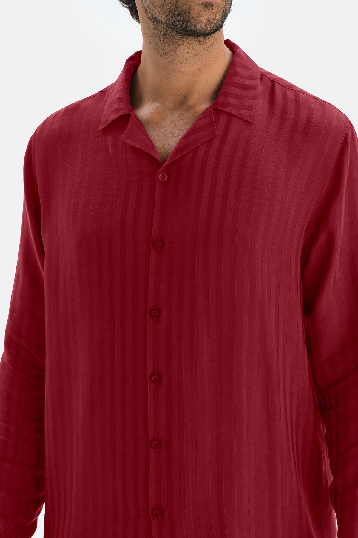 Bordo Uzun Kol Ceket Yaka Saten Pijama Takımı