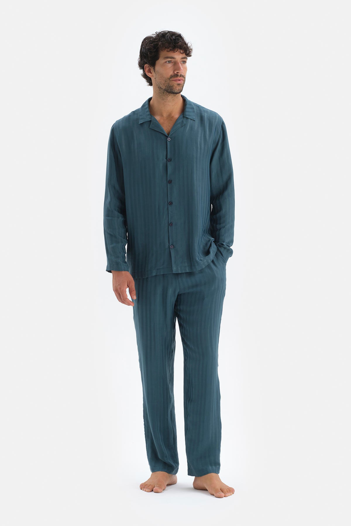 Petrol Uzun Kol Ceket Yaka Saten Pijama Takımı
