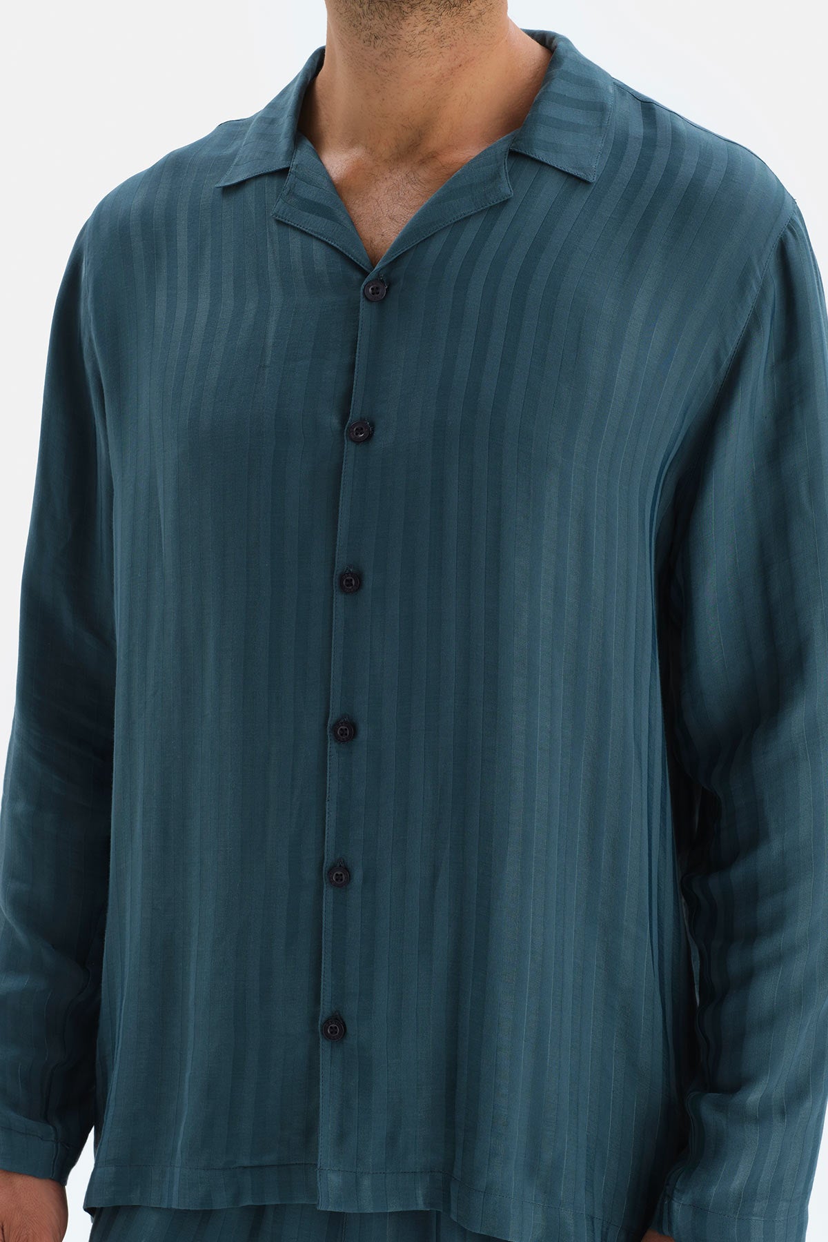 Petrol Uzun Kol Ceket Yaka Saten Pijama Takımı