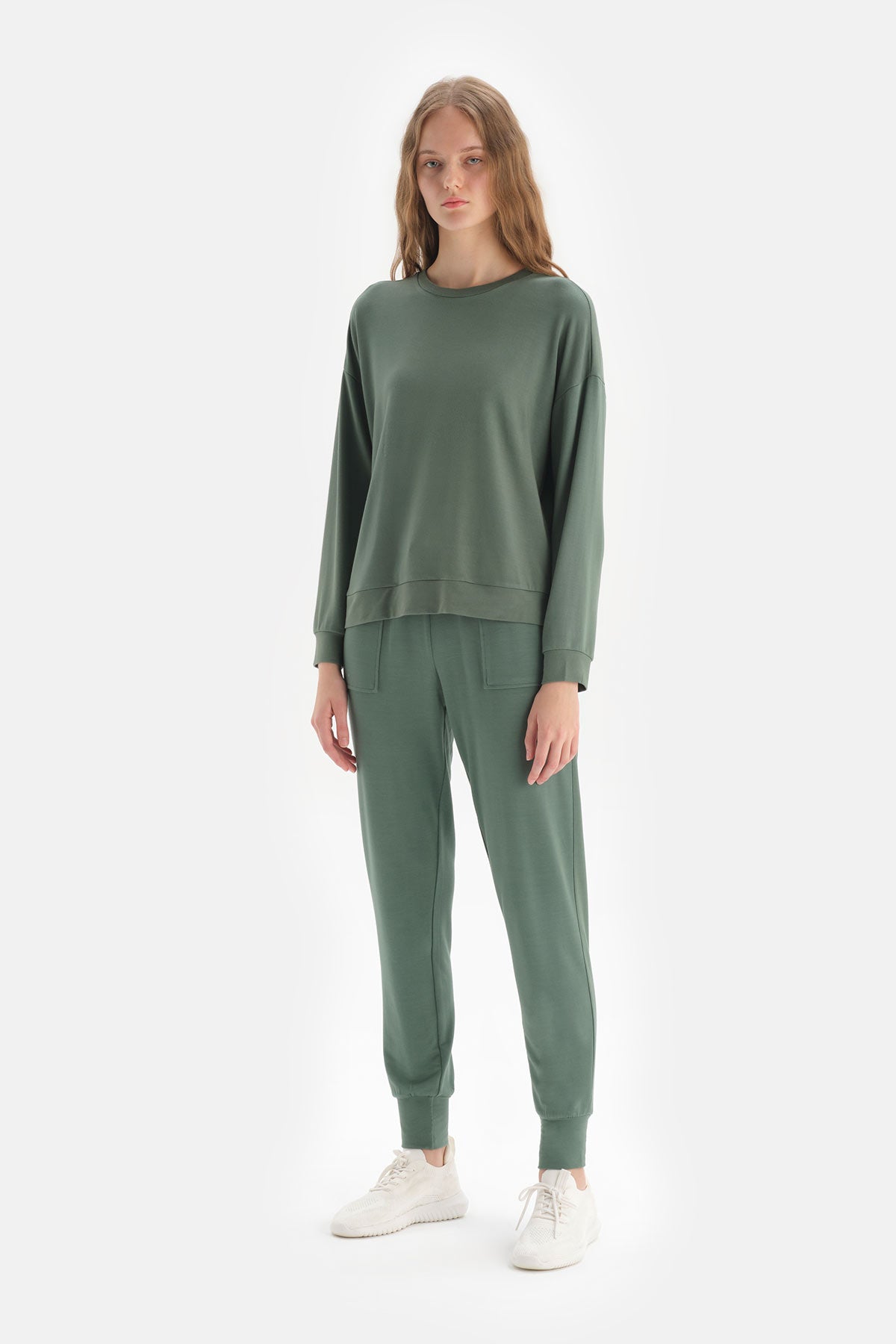 Yeşil Bisiklet Yaka Uzun Kol Sweatshirt