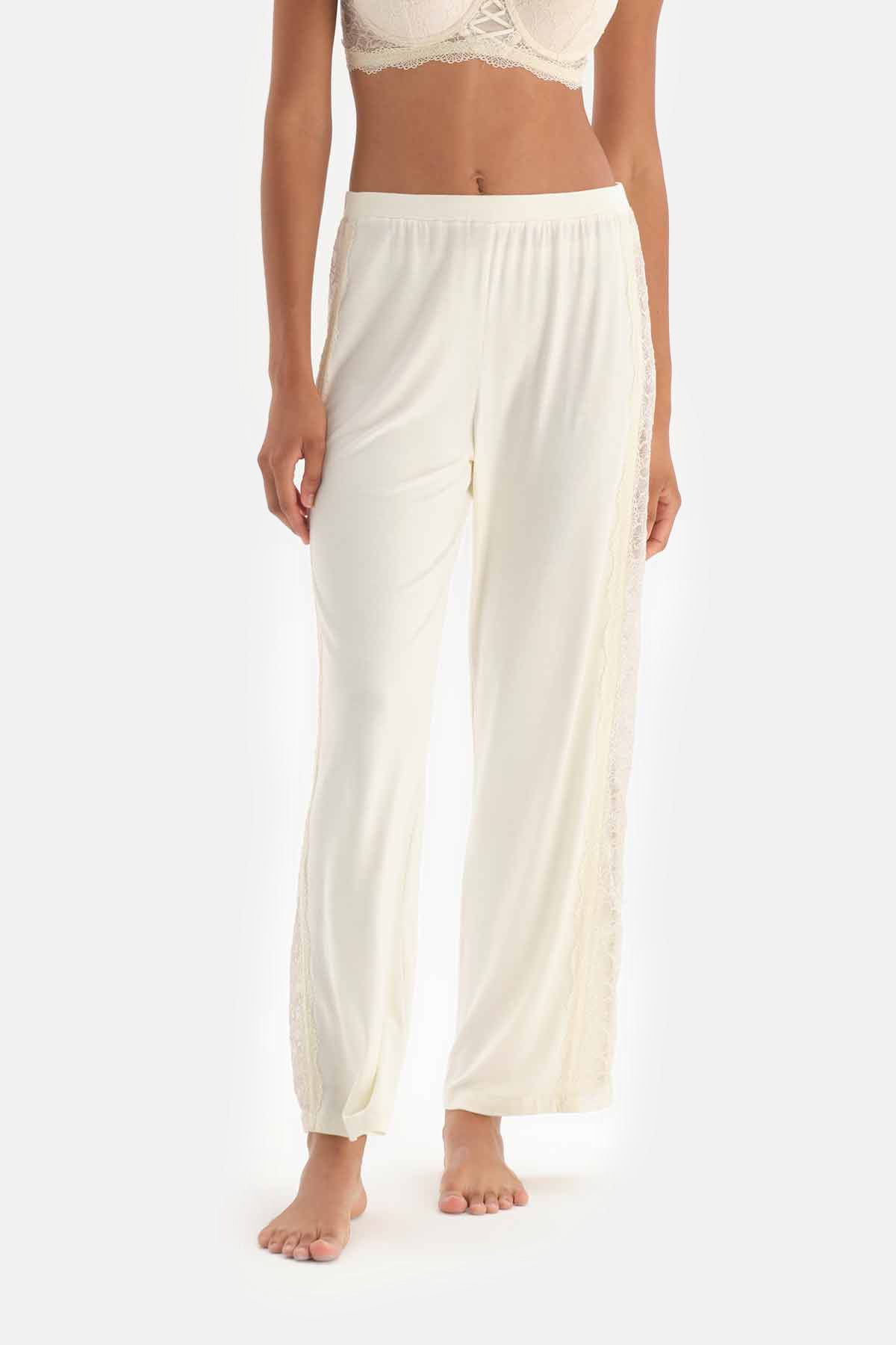 Ekru Dantel Detaylı Viskon Pijama Altı