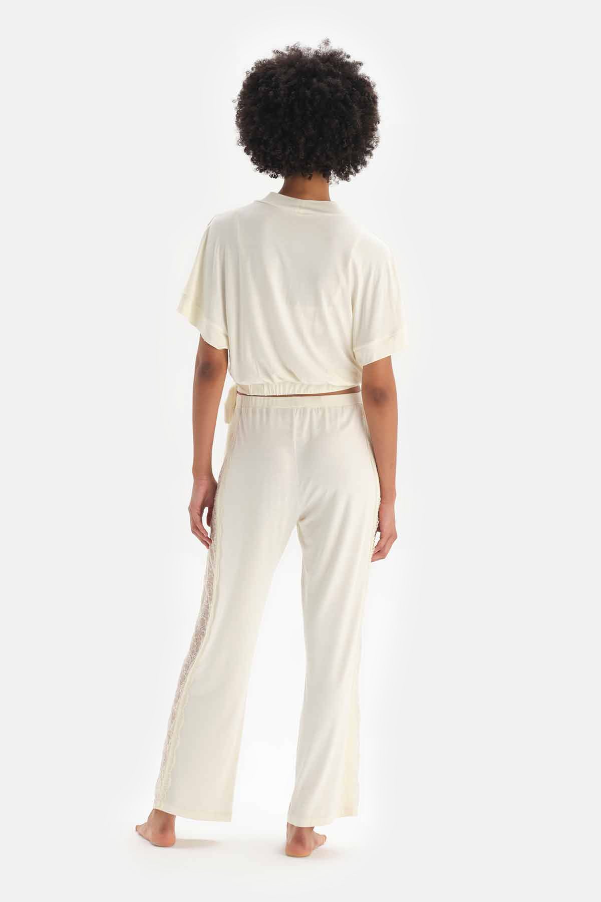 Ekru Dantel Detaylı Viskon Pijama Altı