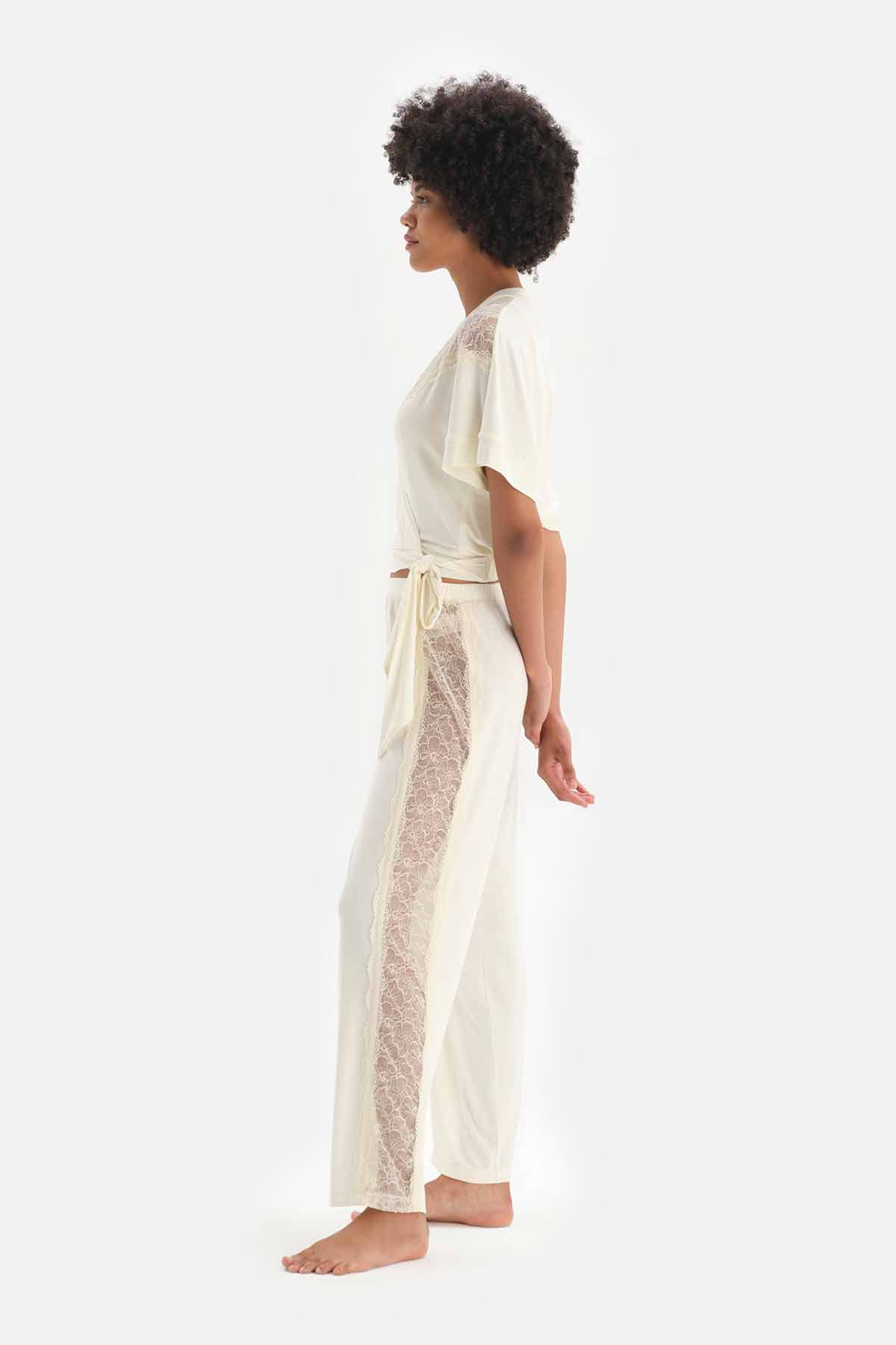 Ekru Dantel Detaylı Viskon Pijama Altı