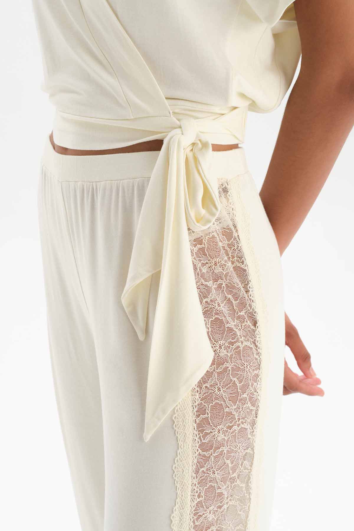 Ekru Dantel Detaylı Viskon Pijama Altı