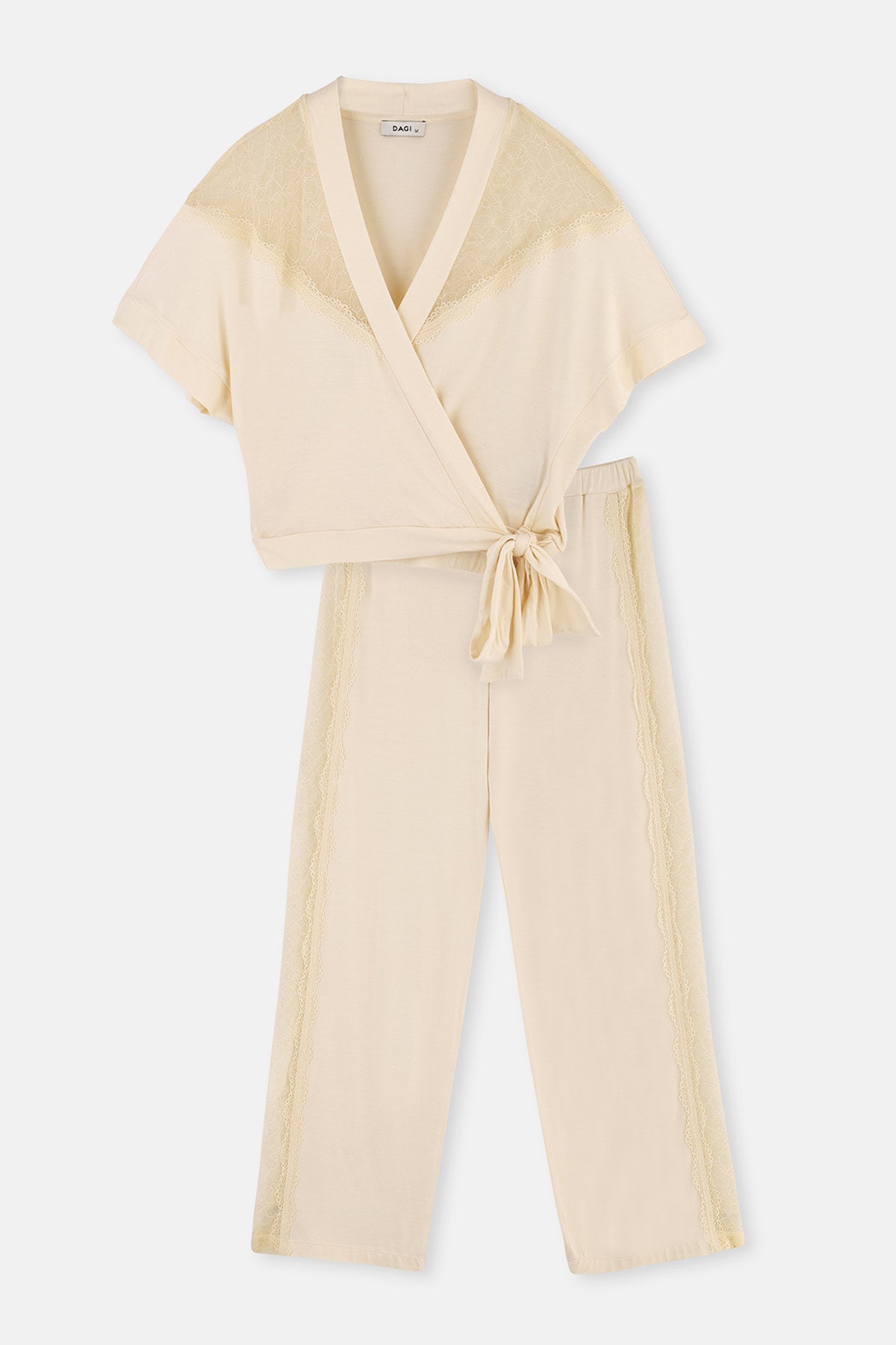 Ekru Dantel Detaylı Viskon Pijama Altı
