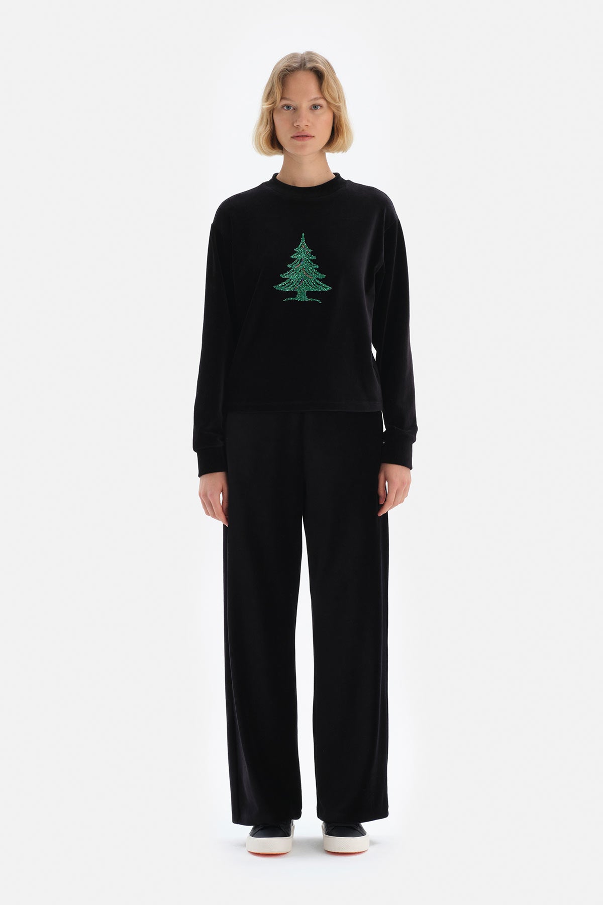 Siyah Bol Paça Yanlar Cepli Kadife Eşofman Altı