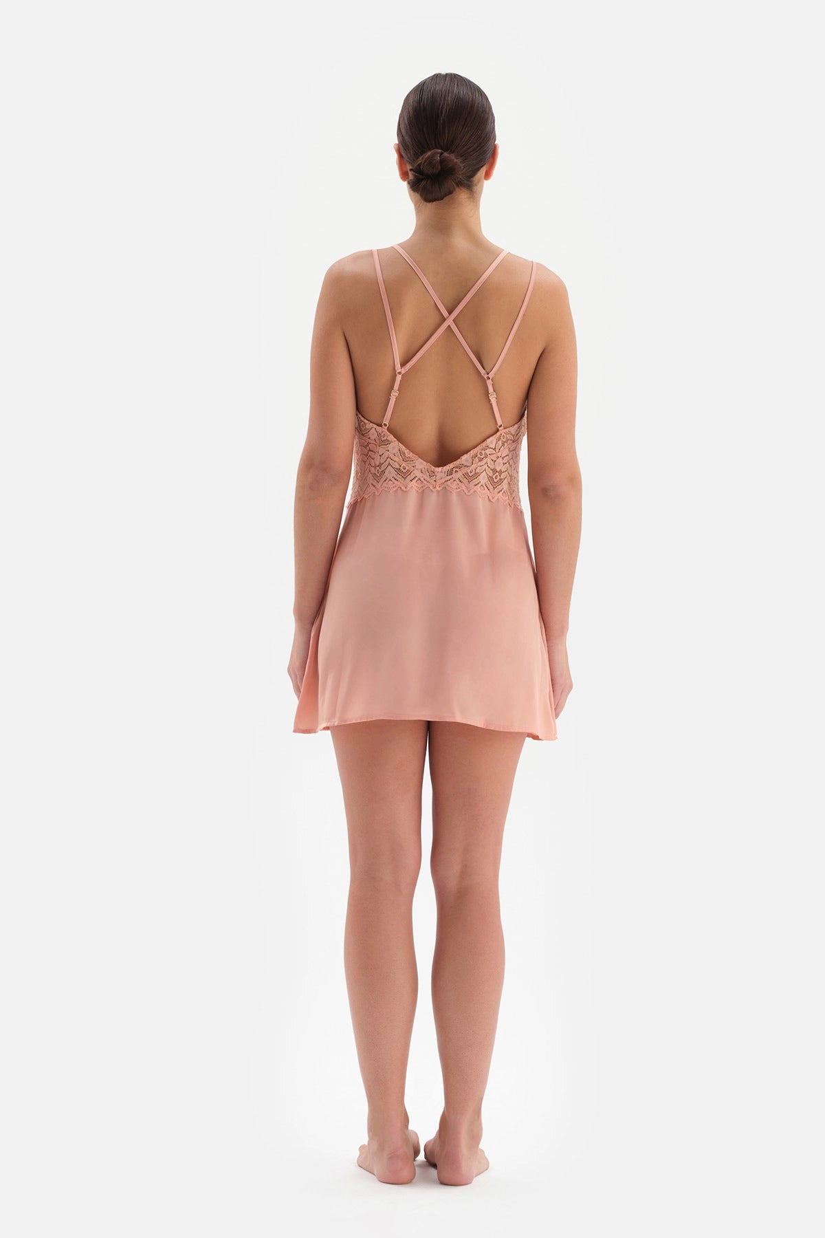 Somon Dantel Detaylı Ince Askılı Saten Gecelik