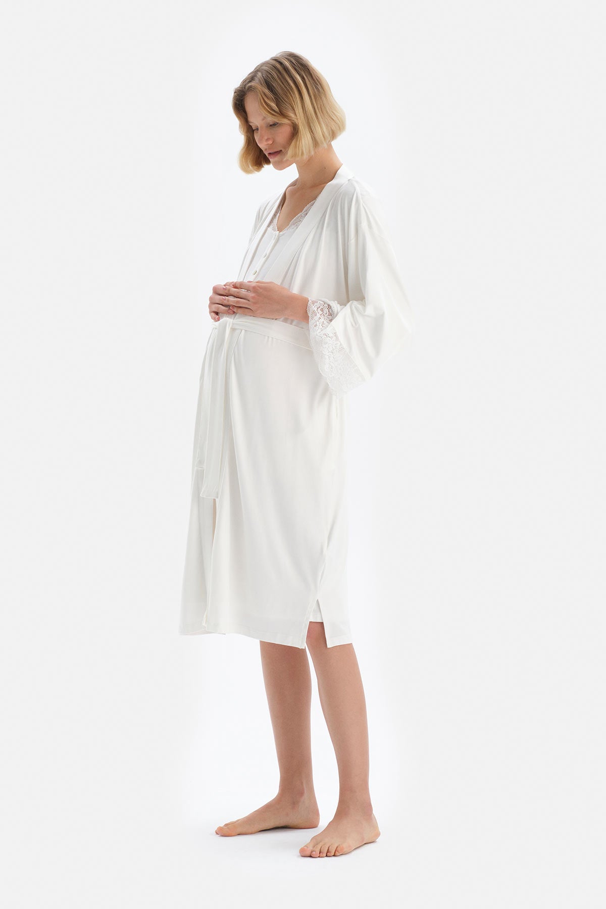 Ekru Dantel Detaylı Viskon Hamile Sabahlık