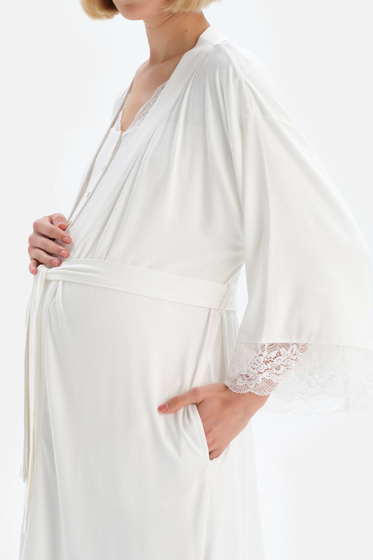 Ekru Dantel Detaylı Viskon Hamile Sabahlık