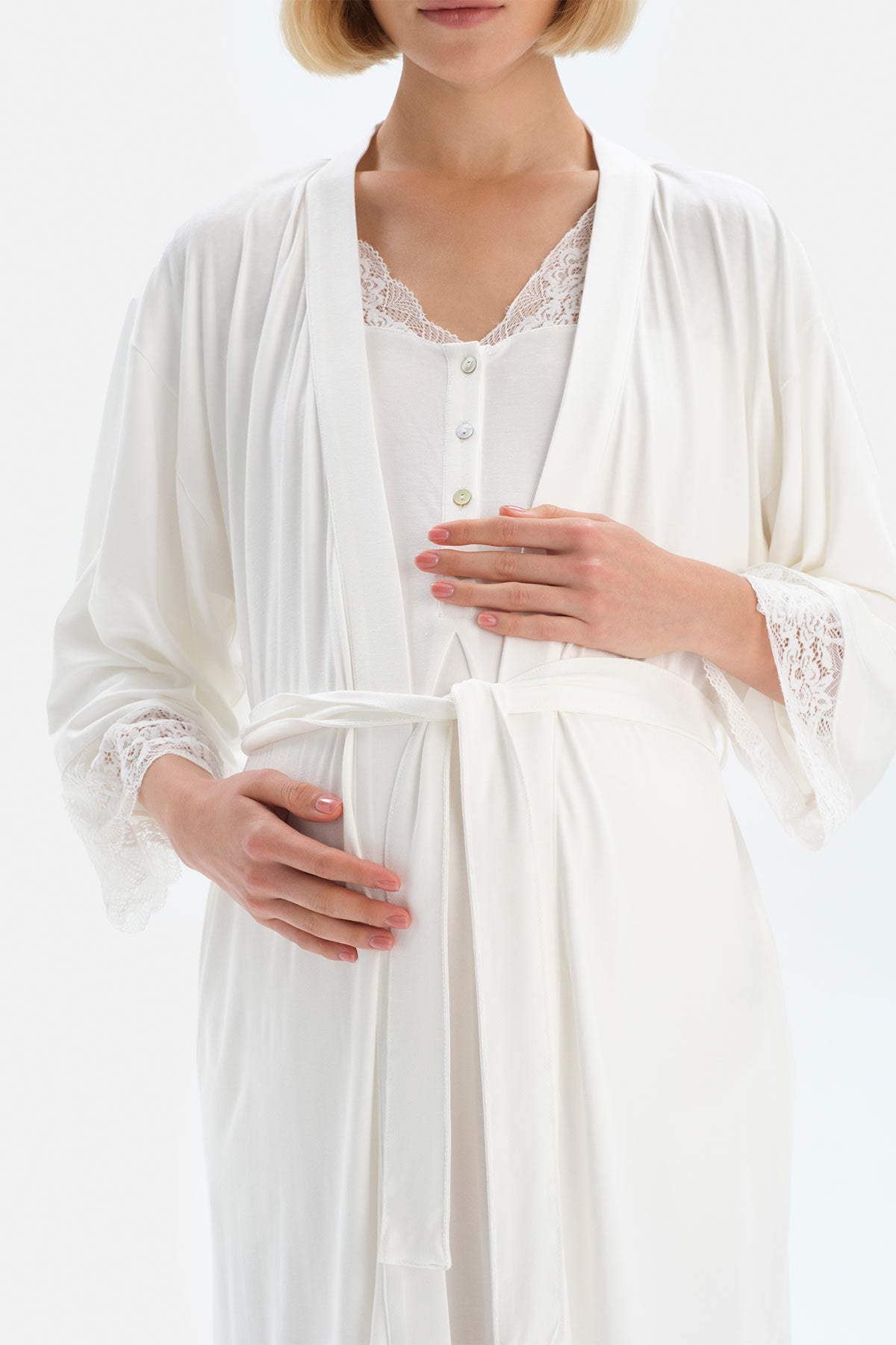 Ekru Dantel Detaylı Viskon Hamile Sabahlık