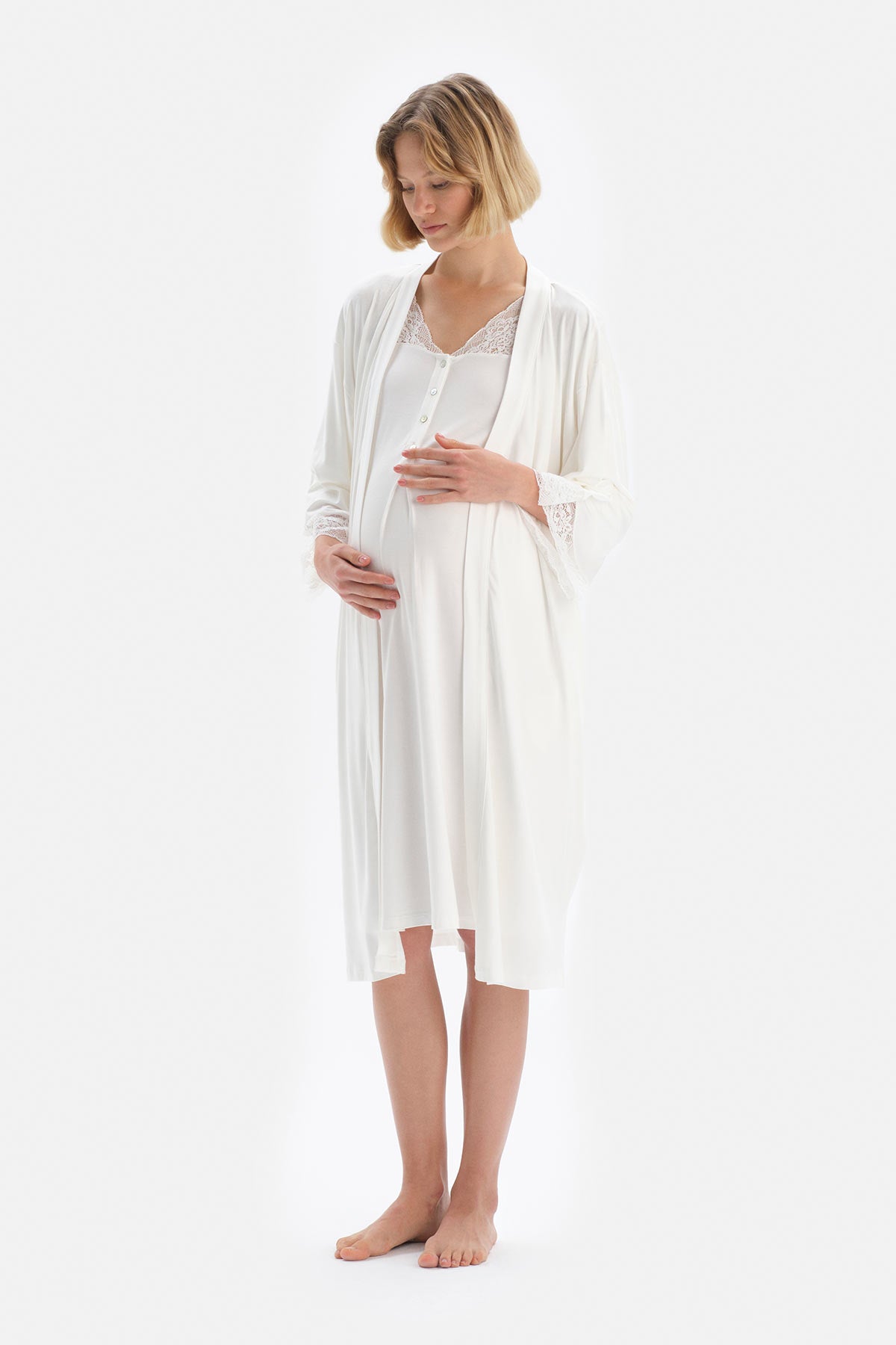 Ekru Dantel Detaylı Viskon Hamile Sabahlık