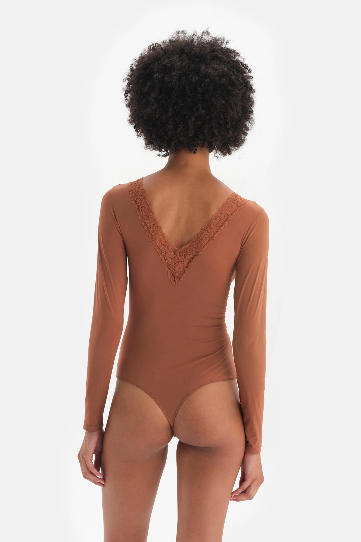 Kahverengi Dantel Detaylı String Form Mikro Bodysuit