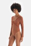 Kahverengi Dantel Detaylı String Form Mikro Bodysuit