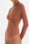 Kahverengi Dantel Detaylı String Form Mikro Bodysuit