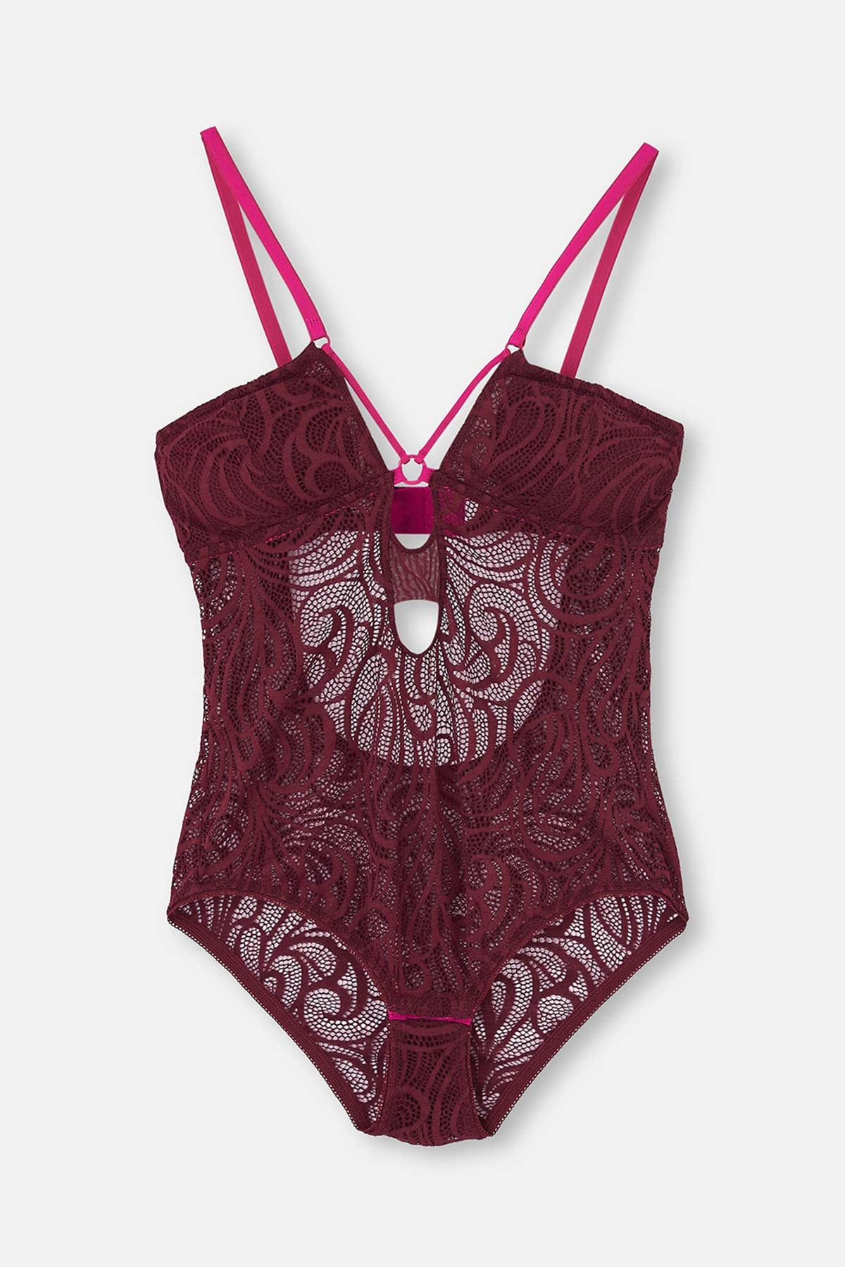 Vişne Dekolteli Dantelli Bodysuit