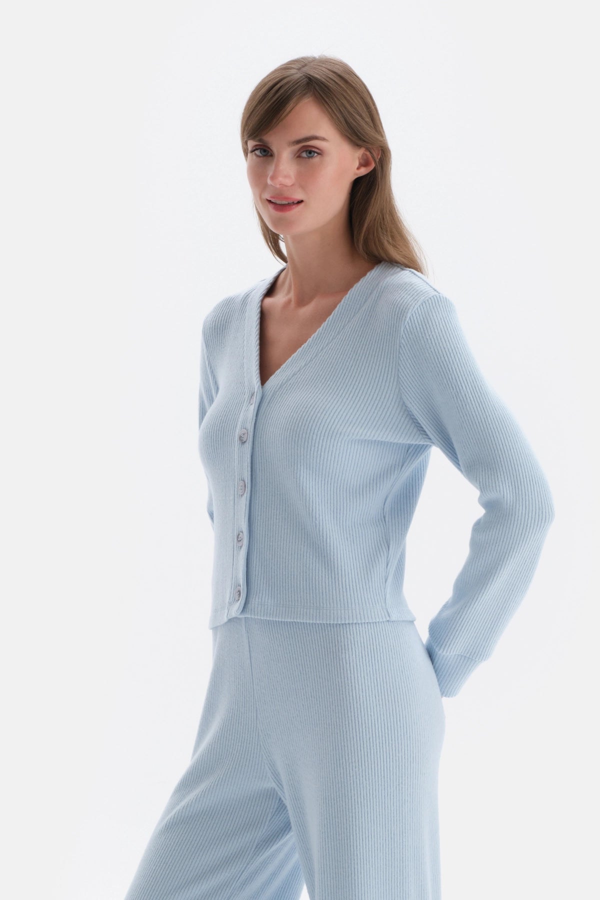 Mavi Düğme Detaylı Kaşkorse Hırka Pijama Üstü