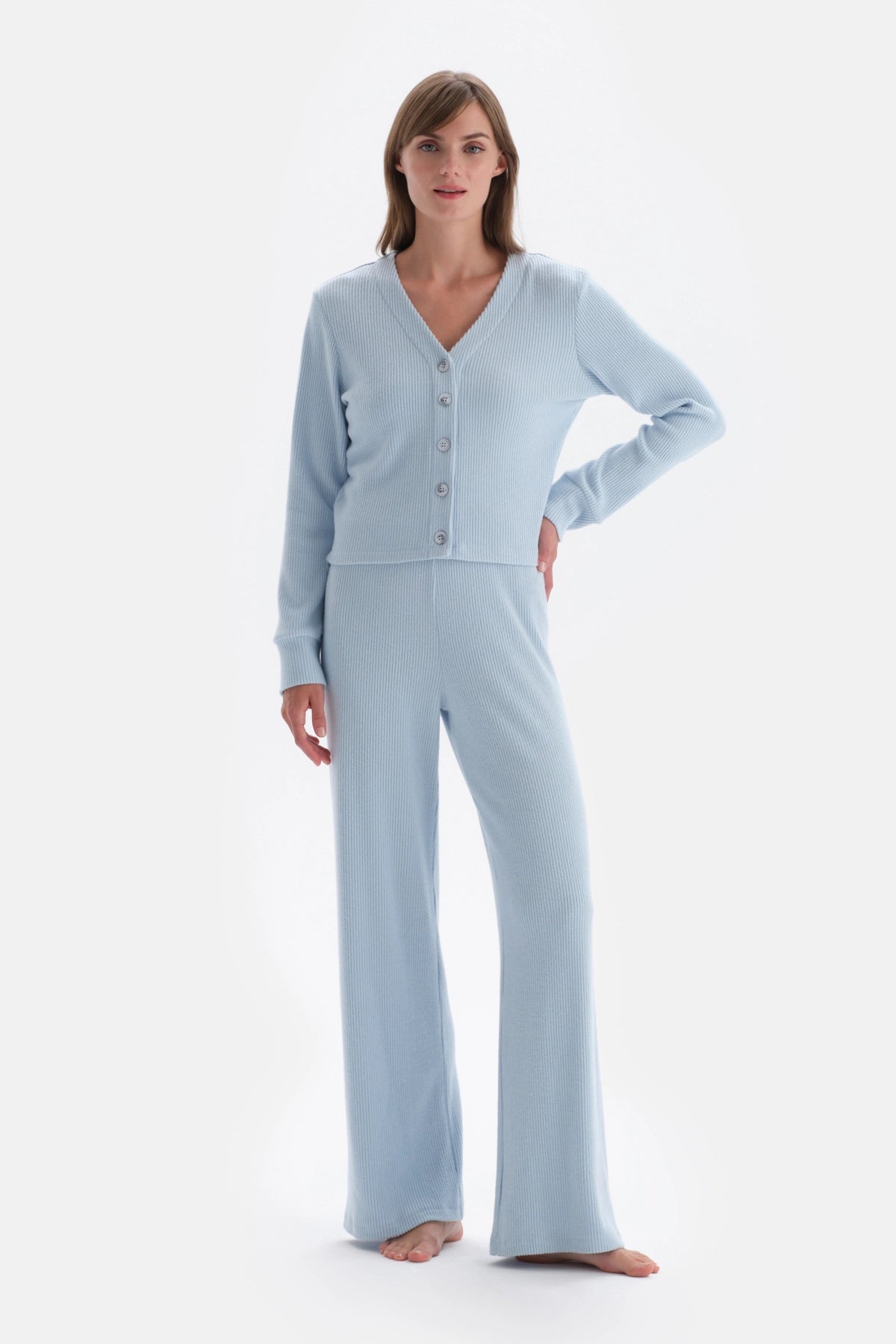 Mavi Düğme Detaylı Kaşkorse Hırka Pijama Üstü