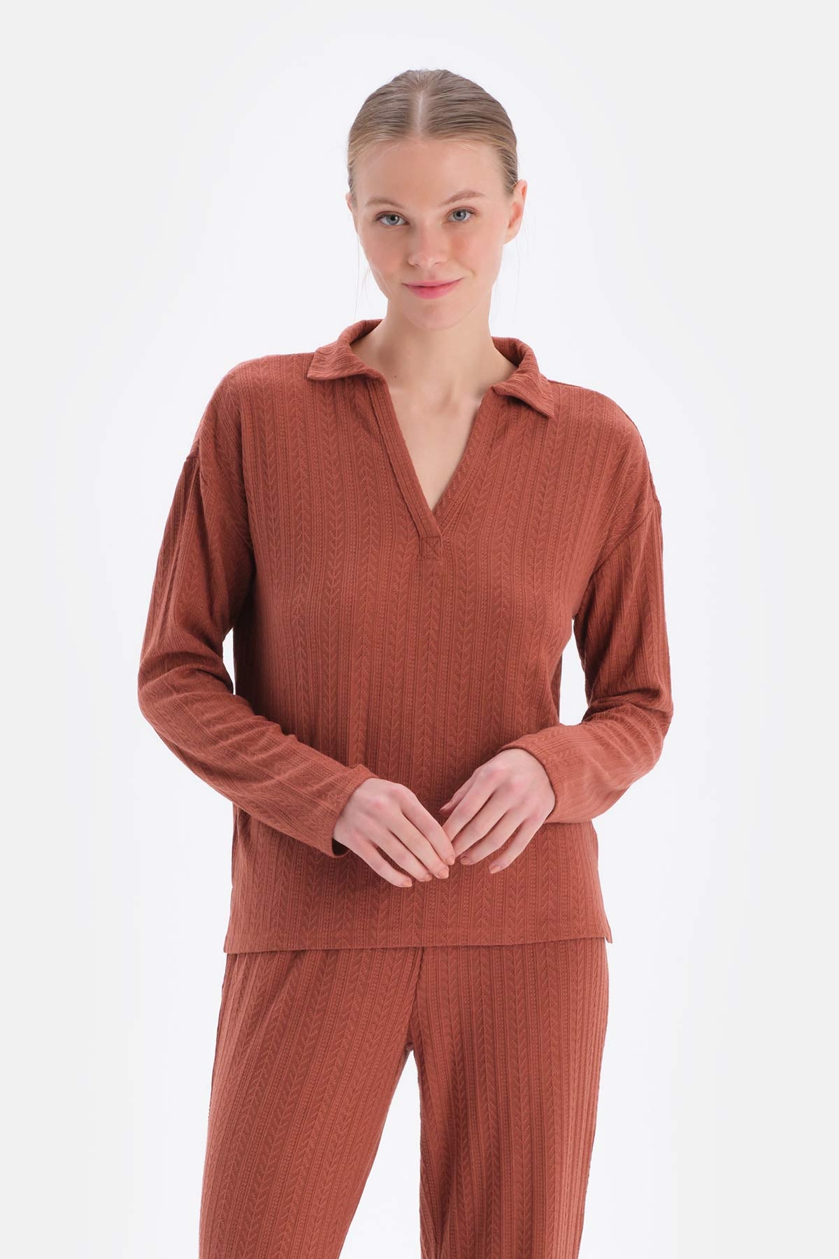 Kiremit Polo Yaka Yarım Patlı Sweatshirt