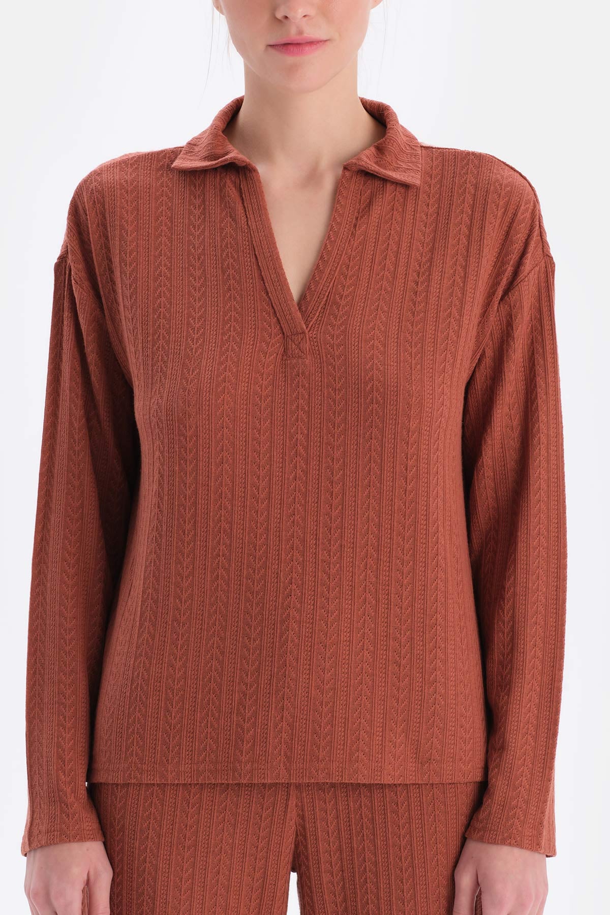 Kiremit Polo Yaka Yarım Patlı Sweatshirt