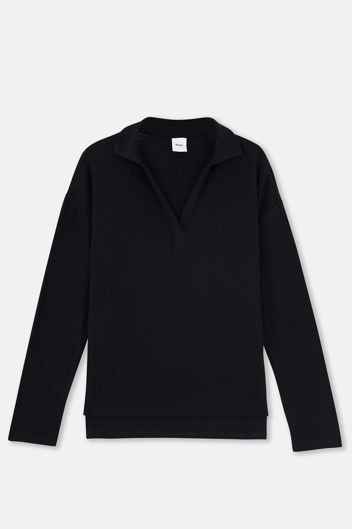 Siyah Polo Yaka Yarım Patlı Sweatshirt