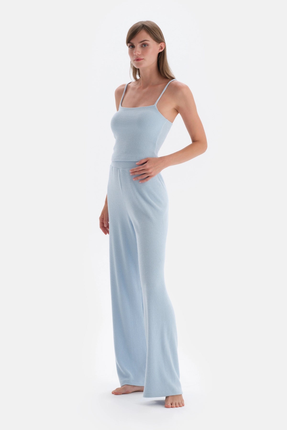 Mavi Bol Paça Kaşkorse Pantolon Pijama Altı