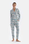 Açık Mavi Gömlek Yaka Bulut Baskılı Pijama Takımı