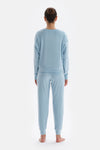 Açık Mavi Fransız Kadife Nakış Detaylı Pijama Takımı