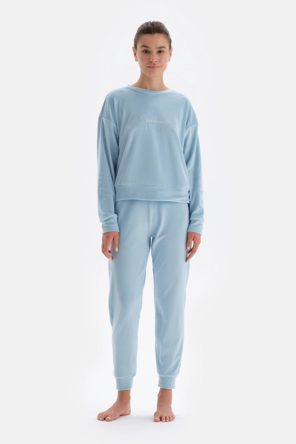 Açık Mavi Fransız Kadife Nakış Detaylı Pijama Takımı