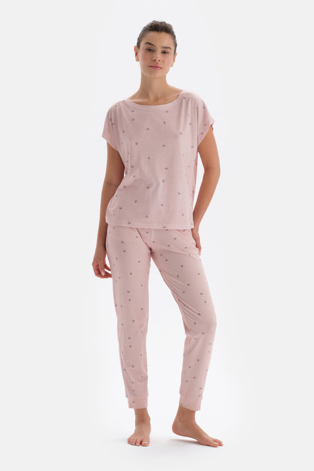 Açık Pembe Mıkroprınt Baskılı Örme Pijama Takımı