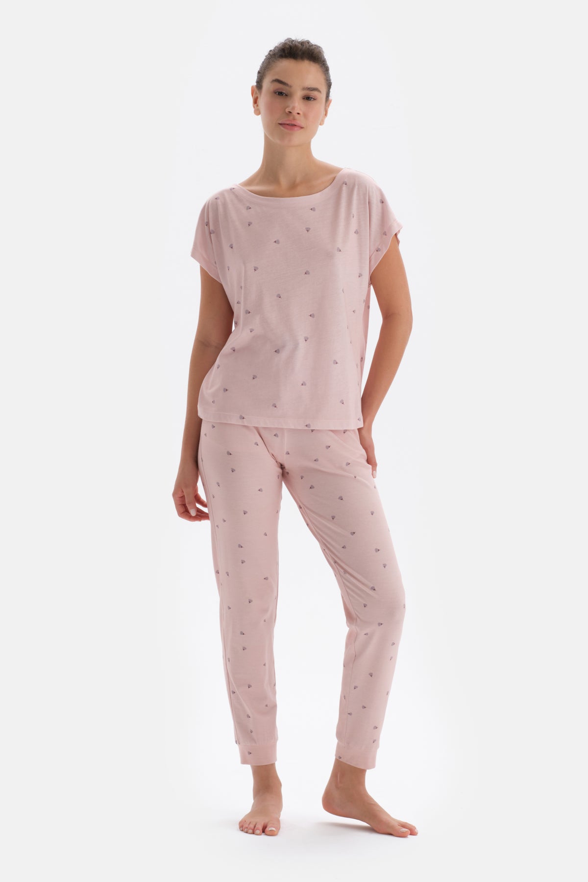 Açık Pembe Mıkroprınt Baskılı Örme Pijama Takımı